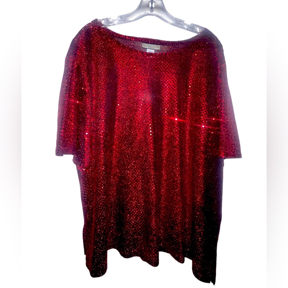 Women’s Notations Red Sequins Short Sleeve Blouse Size 2X Dinner Semi Formal Top